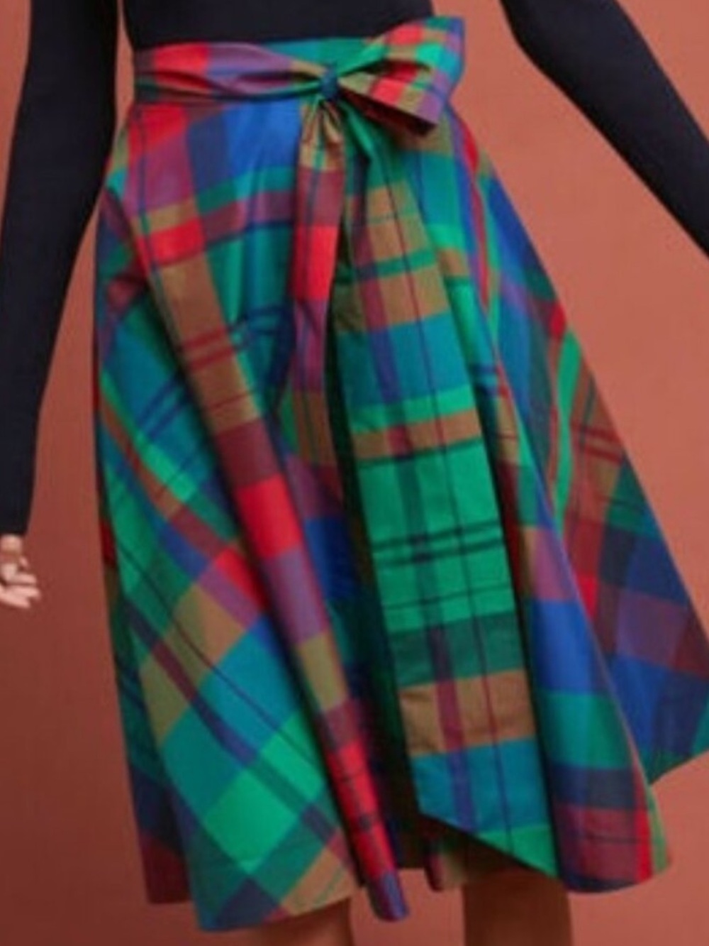 Maeve Anthropologie red blue green plaid midi skirt belted size 4